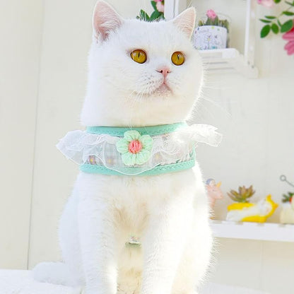 Cat Harness Collar and Leash Set, Sweet Lace Floral Kitten Collar, Escape Proof Puppy Chest Harness, Adjustable Cute Harness Leash Set for Cat Puppy Dog Outdoor Walking (Green, S)