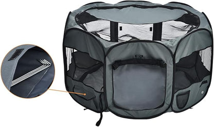 AmazonBasics Foldable Octagonal Indoor/Outdoor Portable Soft Pet Dog Playpen with Storage Pockets, Large (45 x 45 x 24 inches), Grey