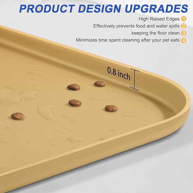 SMILOOL Silicone Pet Feeding Mat with Raised Edge for Food and Water, Dog Bowl Mats, Cat Bowls Placemat with High Lip for Floor Waterproof, Rubber Tray for Cats and Dogs 22 x 14 x0.8 Dark Beige
