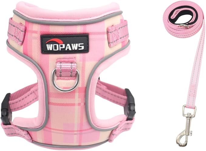 No Pull Dog Harness and Leash Set-Reflective Plaid Design, Adjustable & Comfortable with Front D Ring for Small Medium Dogs (M, Pink Plaid)