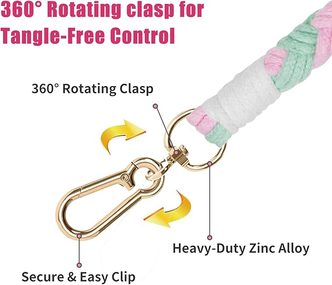 Handmade 5ft Braided Cotton Dog Leash with Unique Floral Handle, Durable and Stylish, Ideal for Small to Large Dogs, Pink & Green Color