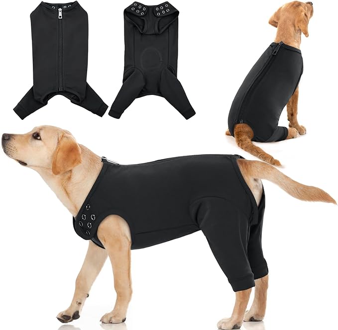 IDOMIK Dog Recovery Suit,Thigh Wound Protective Sleeve for Dogs,Anti Licking Dog Rear Leg Sleeve,Male Female Dog Surgical Clothes,Dog Surgical Suit with Pants Cover,Cone Collar Alternative,Black,2XL