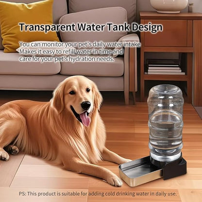 PAKEWAY Large Capacity Gravity Water Dispenser for Dogs, 2.3 Gallon Stainless Steel Pet Water Bowl for Medium & Large Pets, Low Refill Automatic Waterer with Filters