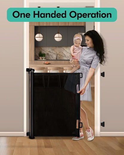 Retractable Baby Gates, Mesh Dog Gate for Doorways, 33.6" Tall, Expands to 71" Wide,Pet Safety Essential Fit for Baseboards, Wide Toddlers Gates for Hallways, Indoor & Outdoor,Black