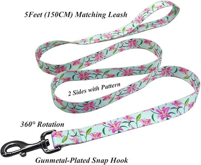 Dog Collar Leash Set, Floral Pattern, Polyester Material, Adjustable Collar and 5ft Matchcing Leash, for Puppy Dogs.(XS, Green Lily)