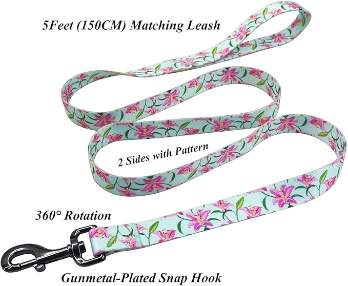 Dog Collar Leash Set, Floral Pattern, Polyester Material, Adjustable Collar and 5ft Matchcing Leash, for Large Dogs.(L, Green Lily)