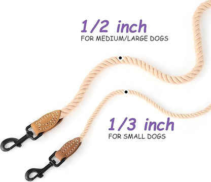 Mile High Life Dog Leash, Braided Cotton Rope Leashes with Leather Tip - Heavy Duty Metal Clasp, 6FT, 1/3" Thick - Wedding, Walking Leash for Small Medium Dogs(Light Brown)