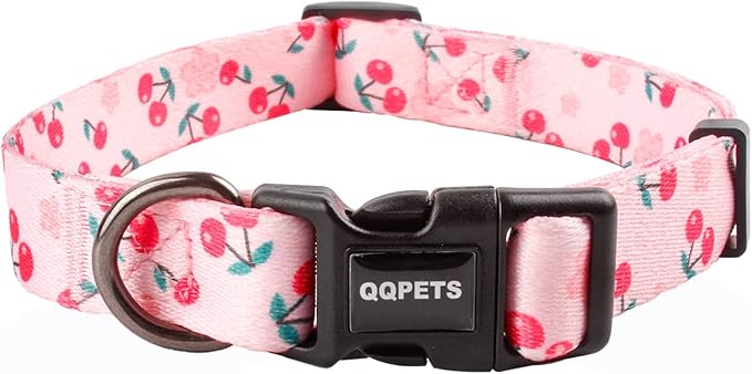 QQPETS Adjustable Soft Dog Collar: Print Flower Pink Multicolor Cute Patterns for XS Small Medium Large Pet Girl Boy Puppy Walking Running Training (M, Sakura Pink)