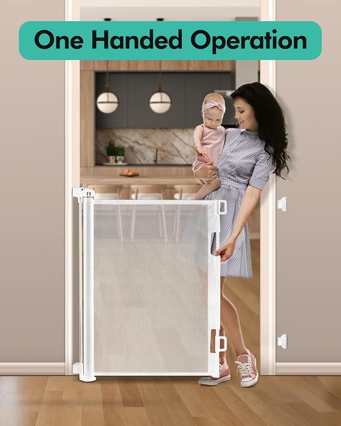 2PCS Retractable Baby Gates, Mesh Dog Gate for Doorways, 33.6" Tall, Expands to 55" Wide,Pet Safety Essential Fit for Baseboards, Wide Toddlers Gates for Hallways, Indoor & Outdoor,White