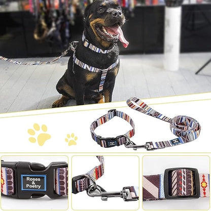 Roses&Poetry Dog Collar and Leash for Small,Adjustable Durable Blue 5ft Puppy Leash Collar for Dog Training Lead（Stripe-M）