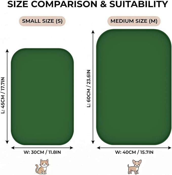 BLESWIN Waterproof Silicone Pet Feeding Mat Green with Raised Edge,24" x 16"Non-Skid Spill Proof Dog Bowl Mats, Easy Clean Cat Bowls Placemat for Cats and Dogs