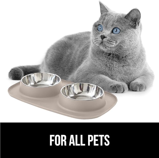 GORILLA GRIP Feeding Mat Bowl Set, 100% Waterproof BPA Free Silicone Base, 304 Stainless Steel Cat and Dog Bowls for Food and Water, Slip Resistant, High Edge, US Designed, Patent Pending, 1 Cup Beige