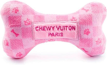 Haute Diggity Dog Chewy Vuiton Bone Plush Squeaky Dog Toy, Soft Durable Designer-Inspired Stuffed Puppy Chew Toys for Small & Medium Dogs, Machine-Washable (Pink Checker) Small