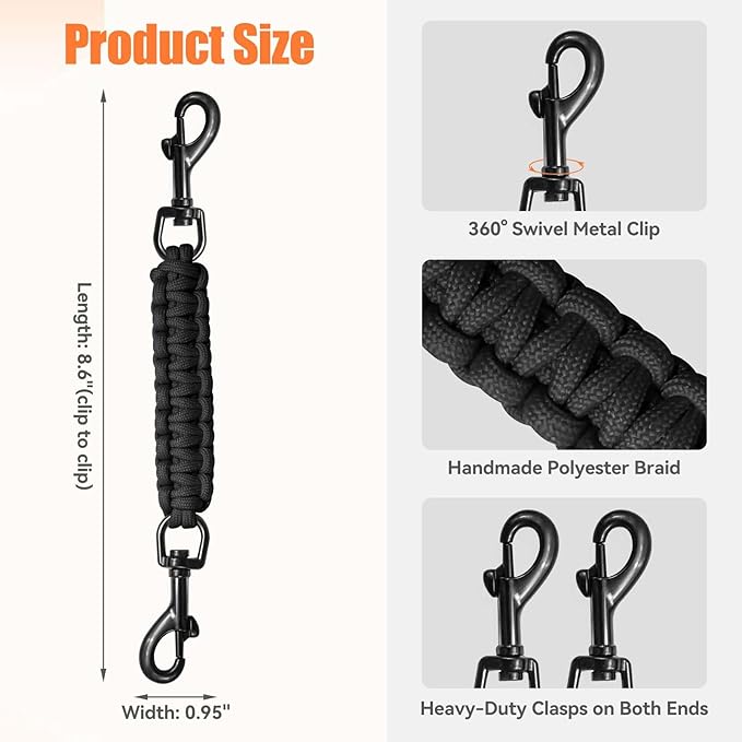 Dog Collar Safety Clip, Collar Companion, Handmade Backup Safety Strap, Double-Ended Clip Leash Connector, Suitable for Dog Harnesses, Prong, Pinch Collars (Black, 1 Pack)