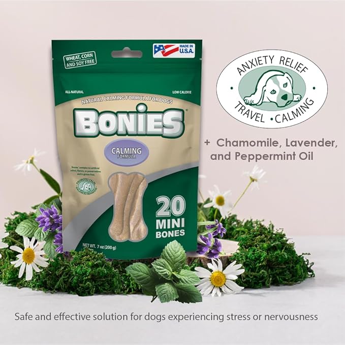 Green Pet Organics BONIES Natural Calming Formula Dog Treats - Contains Chamomile & Lavender, Help Anxiety, Excessive Barking & Trembling, Chicken Flavor, Large, 5 Bones