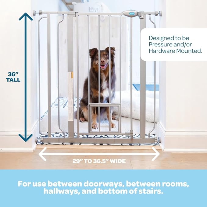 Carlson Extra Tall Walk Through Pet Gate with Small Pet Door, Includes 4-Inch Extension Kit, 4 Pack Pressure Mount Kit and 4 Pack Wall Mount Kit, Platinum, Gray