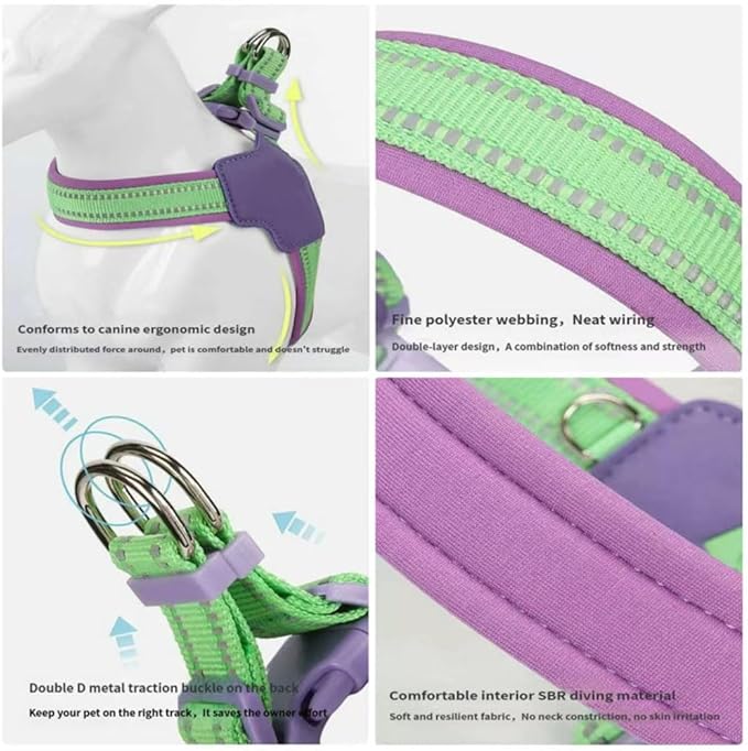 Reflective Dog Harness and Leash Set Designed for Collie, Anti-Pull Adjustable Pet Harness and Leash Purple XL