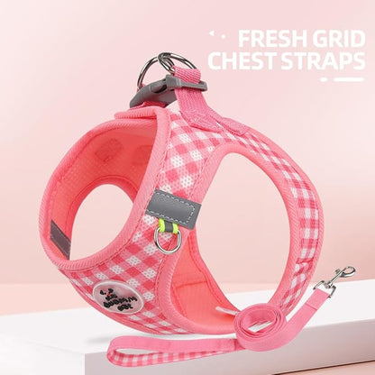 Small Dog Harness and Leash Set, Step in No Pull Adjustable Reflective Pet Harness, Soft Mesh Plaid Vest Harnesses for Small Dogs & Cats Easy Walk Outdoor Hiking Running, Watermelon XS