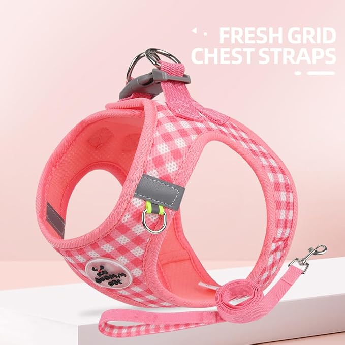 Soft Mesh Dog Harness and Leash Set, Step-in Escape Proof Vest Harnesses, Reflective Breathable Pet Harness Adjustable Plaid Pet Outdoor Harnesses for Small and Medium Dogs, Watermelon M
