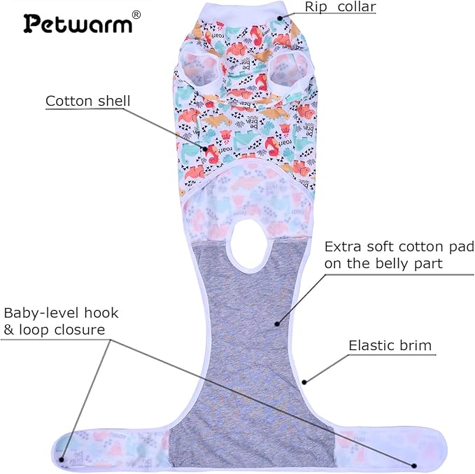 PetWarm Post Neuter Surgery Suit for Dogs Male, E Collar Alternative for Dogs After Surgery, Anti-Licking Dog Surgery Recovery Suit Dog Bodysuit, Dinosaur Pattern, White, 2XL