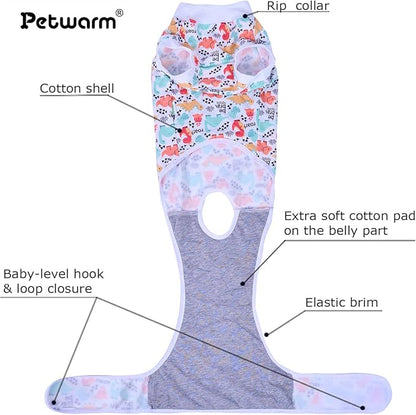 PetWarm Surgery Shirts for Dogs, Dog Coat's Inner Clothes, Bodysuit for Abdominal Affected Areas Sensitive Skin Areas, E-Collar and Dog Cone Alternative After Surgery, Dinosaur Pattern, White, M