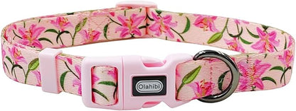 Dog Collar Leash Set, Floral Pattern, Polyester Material, Adjustable Collar and 5ft Matchcing Leash, 5ft Leash, for Small Dogs.(S, Pink Lily)