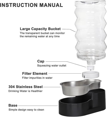 RIZZARI Large Dog Water Dispenser: 9L Black 304 Stainless Steel Gravity Feeder with Filter- Detachable Bowl -Spill-Proof - for Active Large Dog Owners & Multi-Pet Households - Home Garage Balcony