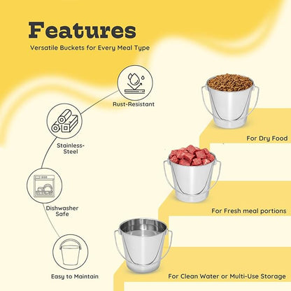 2 quart Heavy Duty Stainless Steel Round Bucket with Handle 4Pcs | 0.5gal Sturdy Food & Water Bowl for Small Birds Dog Cat & Livestock | Fits kennel Crate Cage Farm | Hanging Utility Pail