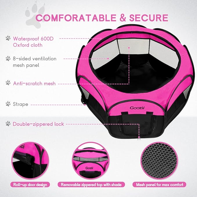 GOOZII Portable Dog Playpen for Small Dogs Indoor Outdoor, Foldable Pet Puppy Playpens Kennel Tent with Top Cover Door for House Cat Kitty for Dog Lover as (Medium Size, Pink)