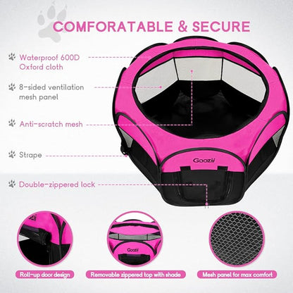 GOOZII Portable Dog Playpen for Small Dogs Indoor Outdoor, Foldable Pet Puppy Playpens Kennel Tent with Top Cover Door for House Cat Kitty for Dog Lover as (Medium Size, Pink)