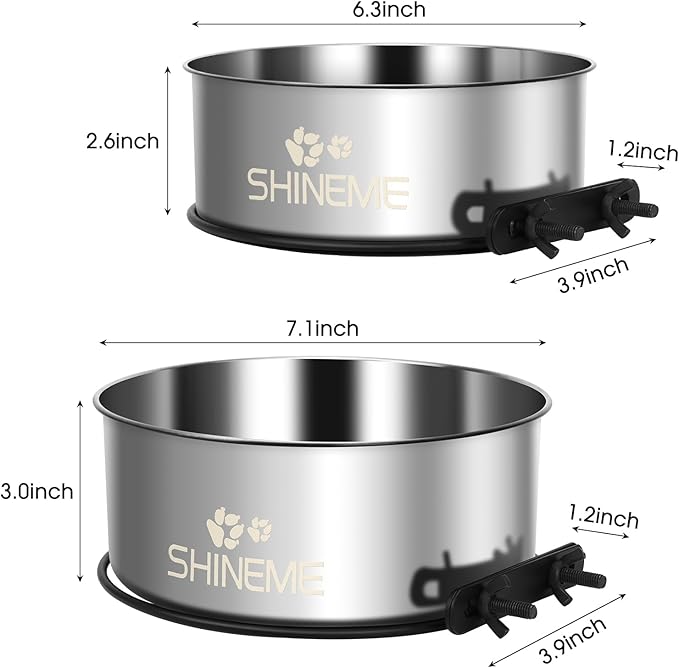 Dog Kennel Bowls for Crates, ShineMe 54oz & 34oz Dog Food Bowl and Crate Water Bowl No Spill, Stainless Steel Dogs Bowls Mountable 2 Pack, Silver (7.1x2.9” & 6.2x2.6”)