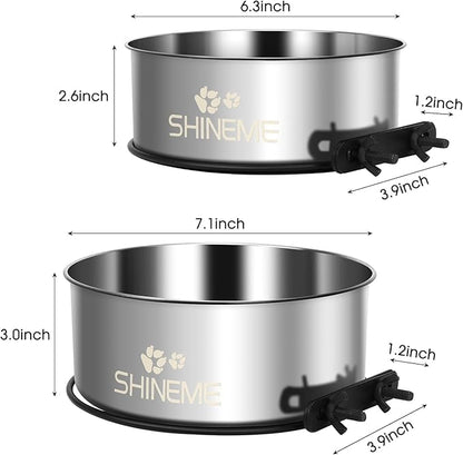 Dog Kennel Bowls for Crates, ShineMe 54oz & 34oz Dog Food Bowl and Crate Water Bowl No Spill, Stainless Steel Dogs Bowls Mountable 2 Pack, Silver (7.1x2.9” & 6.2x2.6”)