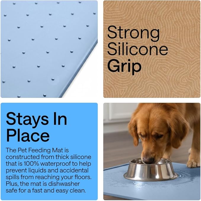 GORILLA GRIP 100% Waterproof Raised Edge BPA Free Silicone Pet Feeding Mat, Dog Cat Food Mats Contain Spills Protects Floors, Placemats for Cats and Dogs Water Bowl, Pets Accessories 28x18 Blue