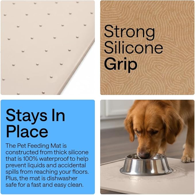GORILLA GRIP 100% Waterproof Raised Edge BPA Free Silicone Pet Feeding Mat, Dog Cat Food Mats Contain Spills Protects Floors, Placemats for Cats and Dogs Water Bowl, Pets Accessories 23x15 Cream