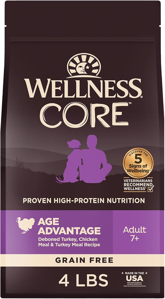 Wellness CORE Senior Dry Dog Food, Grain-Free, High Protein, Natural, Age Advantage Turkey & Chicken Recipe, (4-Pound Bag)
