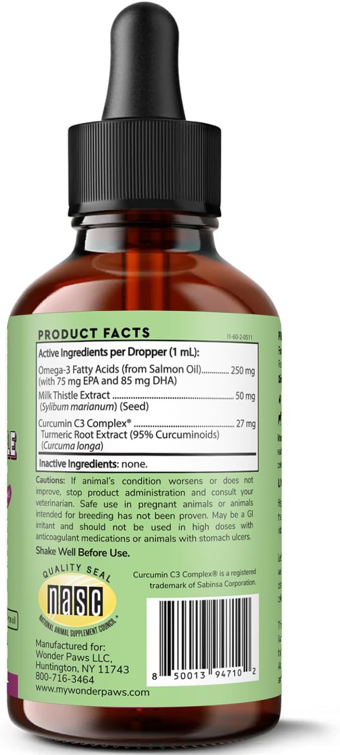 Wonder Paws Milk Thistle, Liver Support for Dogs, Supports Kidney Function for Pets, Detox, Hepatic Support, with Wild Alaskan Salmon Oil & Curcumin, Omega 3 EPA & DHA (2 Oz) (Pack of 2)