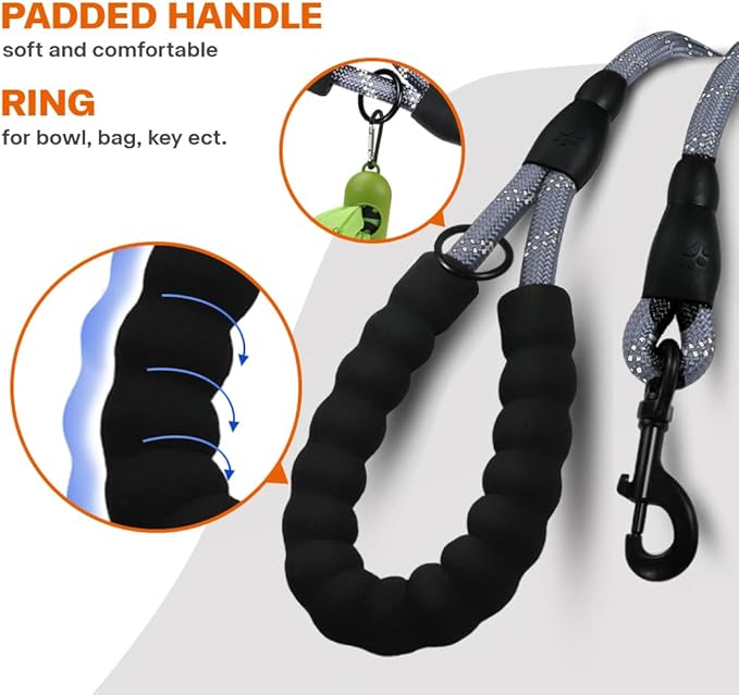 Taglory Rope Dog Leash 4 FT with Comfortable Padded Handle, Highly Reflective Threads Leash and Anti-Tangle Clip for Walking Small Dogs, 3/8 inch, Grey