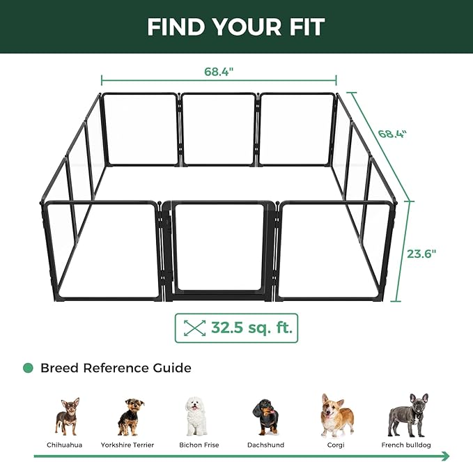 FXW AuraSpace Pro Acrylic Indoor Dog Playpen, Heavy-Duty with Metal Frame, 24" Height 12 Panels for Puppies & Small Dogs, Black│Patented