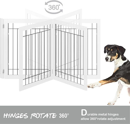 PAWLAND 144-inch Extra Wide 30-inches Tall Dog gate with Door Walk Through, Freestanding Wire Pet Gate for The House, Doorway, Stairs, Pet Puppy Safety Fence, Support Feet Included, White,6 Panels