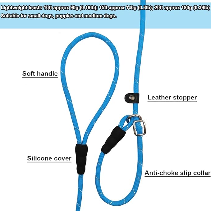 BTINESFUL 10FT / 15FT / 20FT Slip Lead Dog Leash, Reflective 1/3” Rope Leash Long Training Lead for Small Medium Dogs