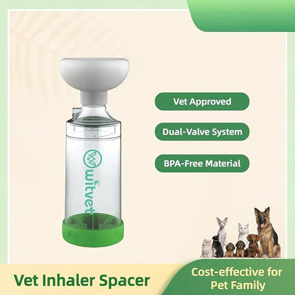 Vet Inhaler Spacer for Cats, Dogs - Use to Assist Metered Dose Inhaler (MDI) Therapy - Dual Valve Design, with Visible Indicators - 3 Silicon Masks for Different Size Pets
