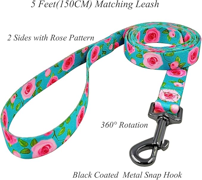 Dog Collar and Leash Set, Rose Pattern, Polyester Material, 5ft Matching Leash, for Medium Dogs.(M, Green Rose Set)