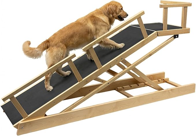 6 Level Height Adjustable Dog Ramp for Bed, Couch 65" Foldable Pet Ramp with Non-Slip Mat，DIY Glow Strips & Rest Platform Heavy Duty Dog Stairs for Large Dogs up to 200Lbs ，Wood Color