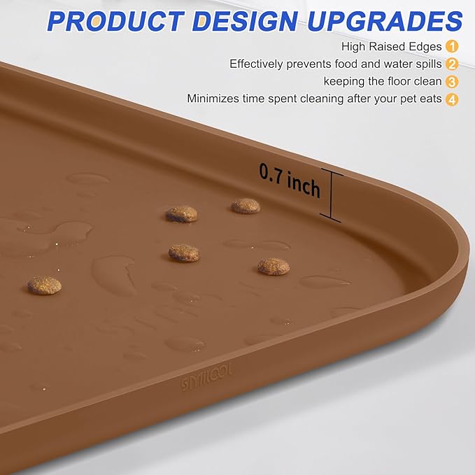 SMILOOL Silicone Pet Feeding Mat with Raised Edge for Food and Water, Dog Bowl Mats, Cat Bowls Placemat with High Lip for Floor Waterproof, Rubber Tray for Cats and Dogs 19 x 12 x0.7 Brown