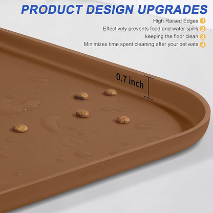 SMILOOL Silicone Pet Feeding Mat with Raised Edge for Food and Water, Dog Bowl Mats, Cat Bowls Placemat with High Lip for Floor Waterproof, Rubber Tray for Cats and Dogs 19 x 12 x0.7 Brown