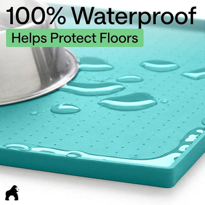 GORILLA GRIP 100% Waterproof Raised Edge BPA Free Silicone Pet Feeding Mat, Dog Cat Food Mats Contain Spills Protects Floors, Placemats for Cats and Dogs Water Bowl, Pets Accessories 16x10, Turquoise
