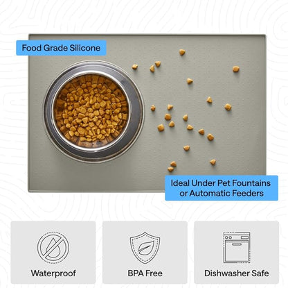 GORILLA GRIP 100% Waterproof Raised Edge BPA Free Silicone Pet Feeding Mat, Dog Cat Food Mats Contain Spills Protects Floors, Placemats for Cats, Dogs Water Bowl, Pets Accessories 32x24 Light Gray