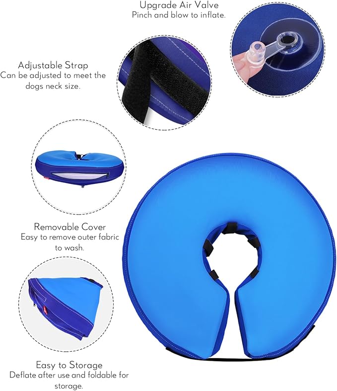 MIDOG Soft Inflatable Dog Cone,Donut E-Collar Alternative for After Surgery, Prevents Licking, Allowing Normal Eating & Vision,Comfortable Recovery Collar for Small Medium Large Dogs&Cats, DarkBlue-L+