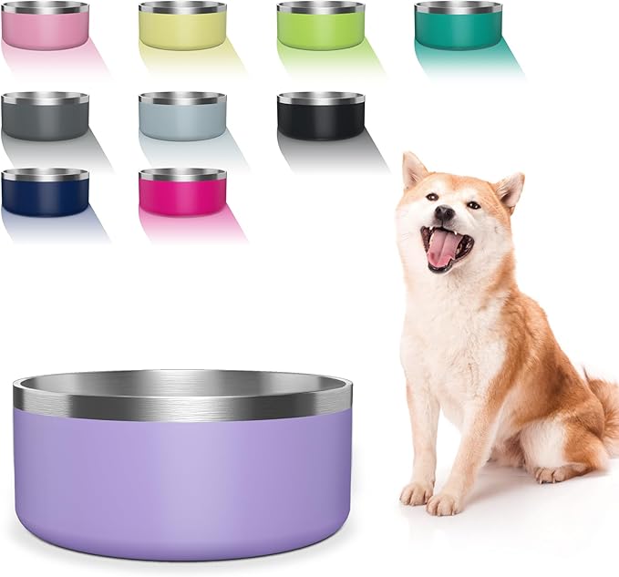 WENBOKMIN Dog Bowl, Stainless Steel Dog Food and Water Bowl with Non Slip Quiet Bottom, Easy to Clean, Dishwasher Safe, 64oz, Light Purple