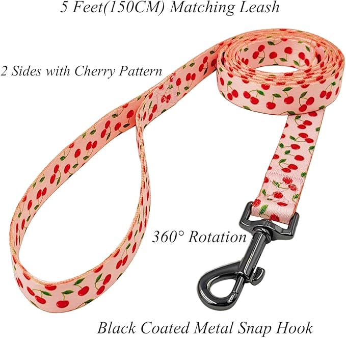 Dog Collar and Leash Set, Cherry Pattern, Polyester Material, 5ft Leash, for Puppy Dogs.(Extra Small,Pink Cherry)